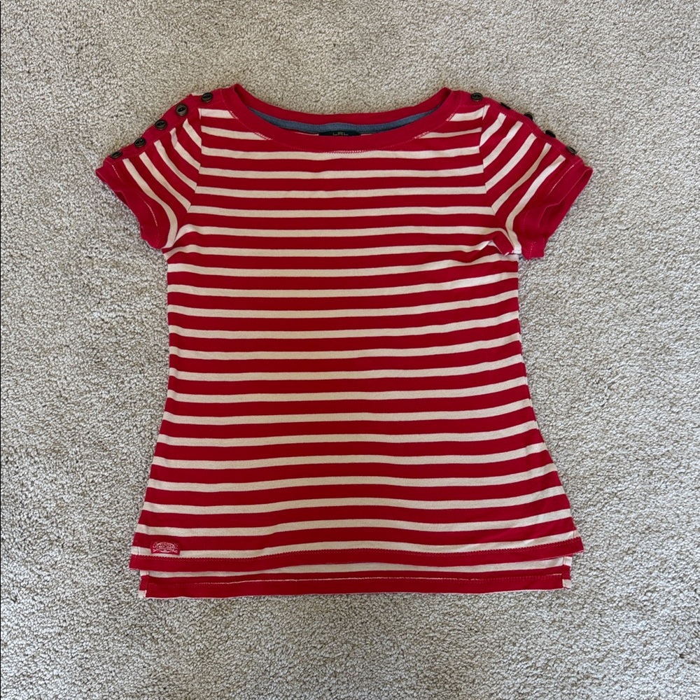 Ralph Lauren Red and Cream Striped Short Sleeve Tee with Shoulder Buttons